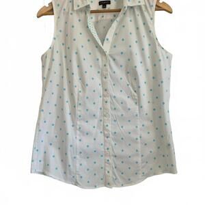 Talbots Black Label Ladies White Turquoise Polka Dot Button Front Sleeveless Blo